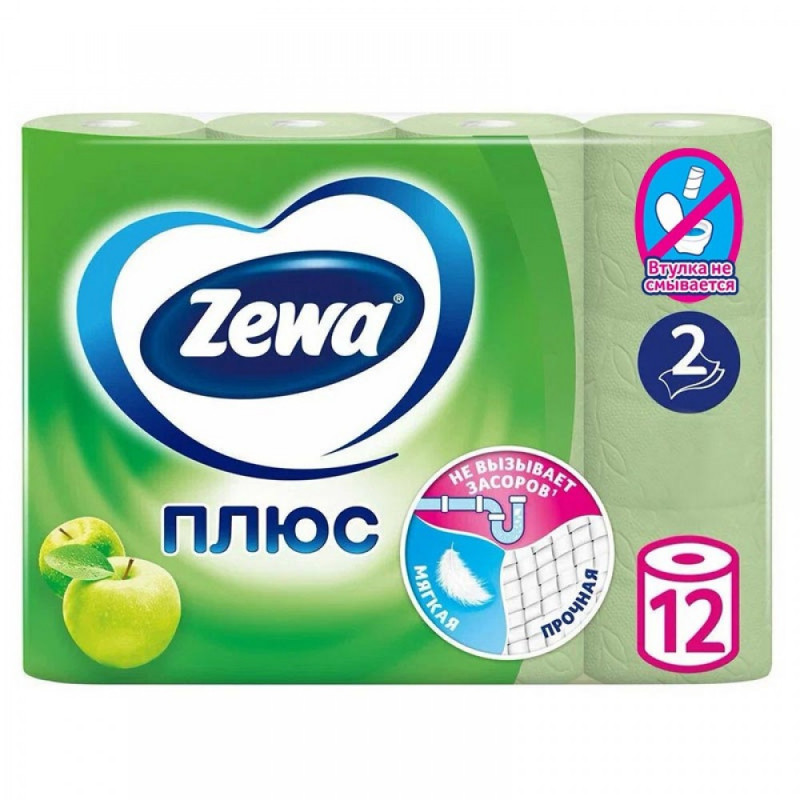 Бумага туалетная 2 слоя Zewa "Плюс", 1*12 рул., зеленая, аромат яблока, страна происх. РФ